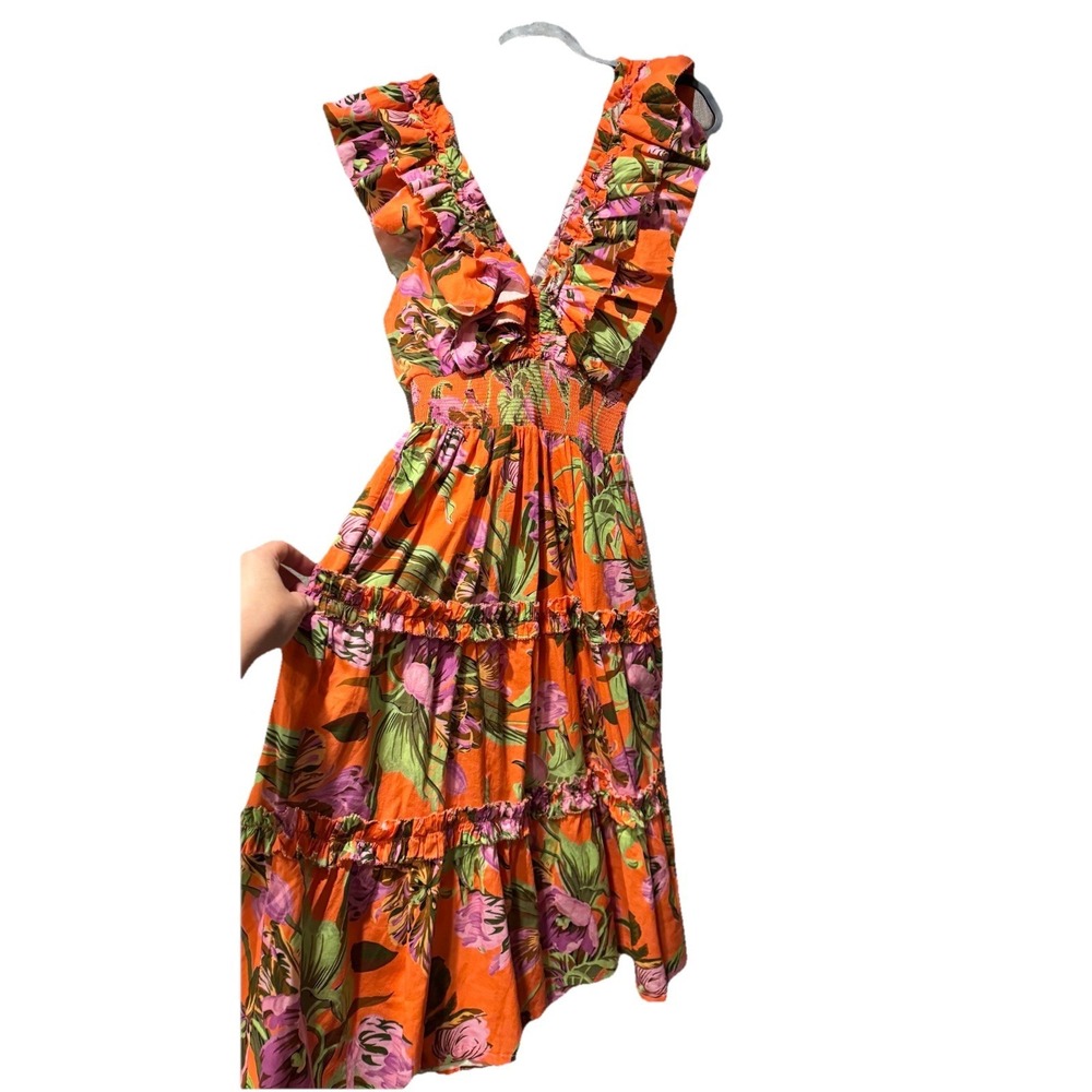 Love The Label Maxi Dress XS Tiered Ruffle Cotton Topanga Orange Floral Cottage